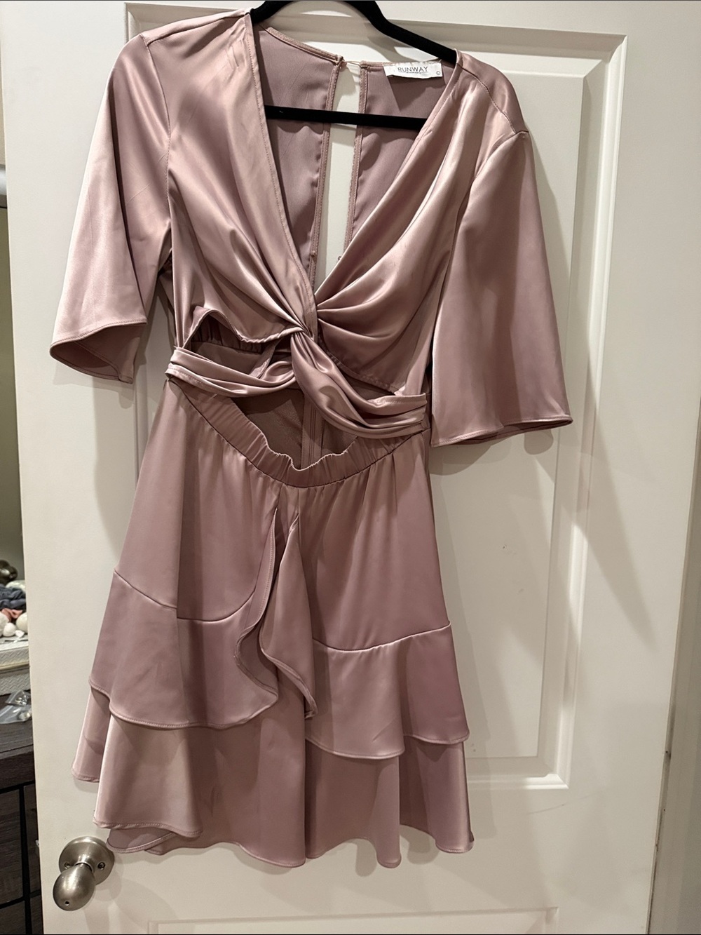 Satin Twist-Front Mini Dress in Dusty Rose